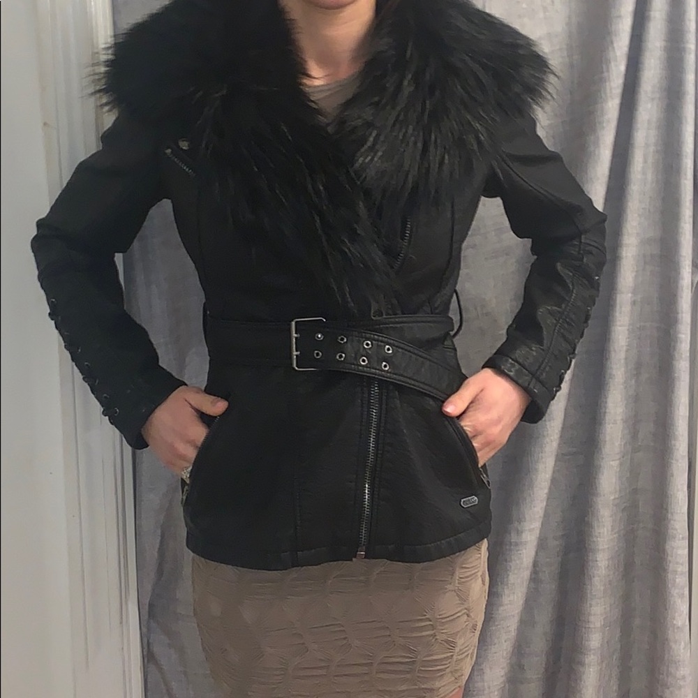 Brand new Guess leather jacket with fur
